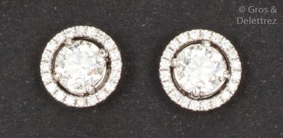 null Paire de boutons d’oreilles en or gris ornés chacun d’un diamant taillés en...