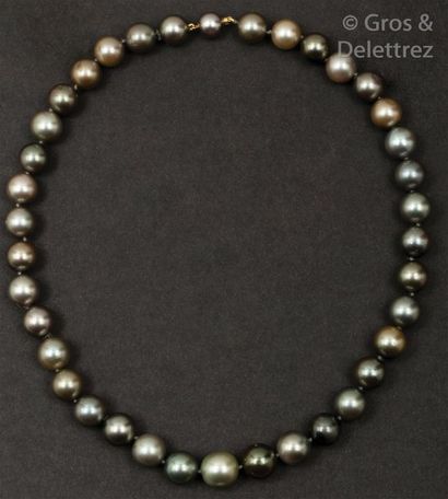 null Collier de trente-sept perles grises de Tahiti. Fermoir en or gris dans une...