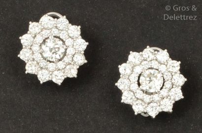 null Paire de boucles d’oreilles «?Fleur?» en or gris ornées d’un diamant taillé...