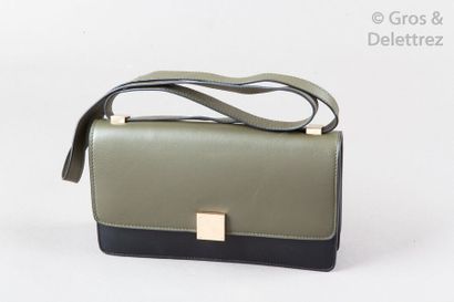 CELINE Sac «?Classic Long?» 26cm en veau bicolore kaki, noir à deux soufflets, fermoir...