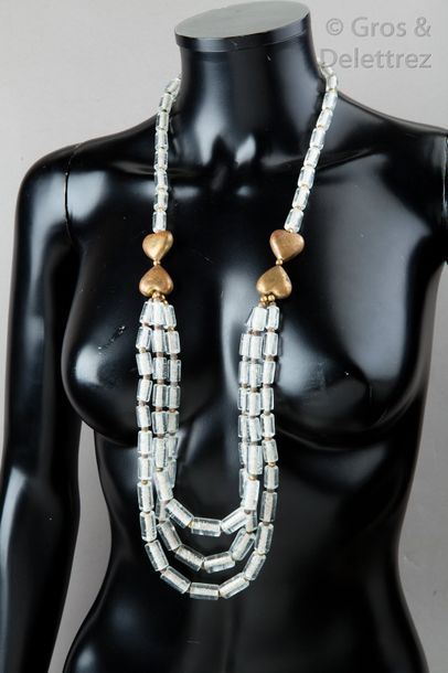 ANONYME Sautoir de perles de verre translucide tubulaire, entrecoupé de perles en...