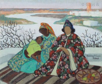 null Marguerite BARRIERE-PREVOST (1887-1981) Marocaines et enfant sur une terrasse,...