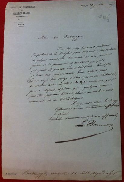 null Général Eugène DAUMAS (1803-1871). Lettre autographe signée adressée d’Alger,...