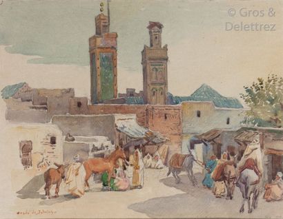 null Condo de Satriano (XIXe- XXe) Cavalier devant les remparts à Fez, 1916 Aquarelle....