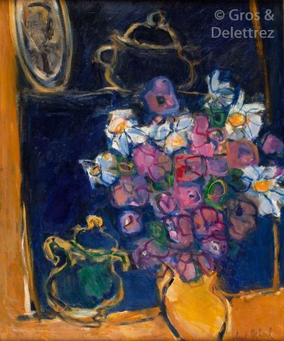Robert DELVAL (né en 1934) Nature morte au vase de fleurs. Toile, signée en bas à...