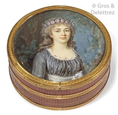 François DUMONT (1751-1831) Jeune femme en buste couronnée de fleurs.	

Miniature...