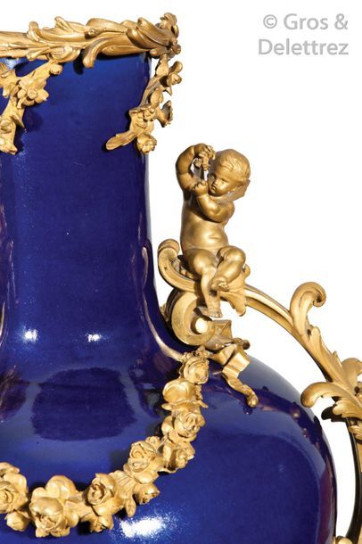 null Important vase de forme bouteille en porcelaine de chine bleue dans une riche...