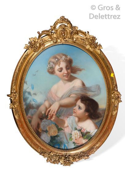 École française du XIXe siècle «?Jeune femme et enfant?».	

Pastel ovale.	

Dans...