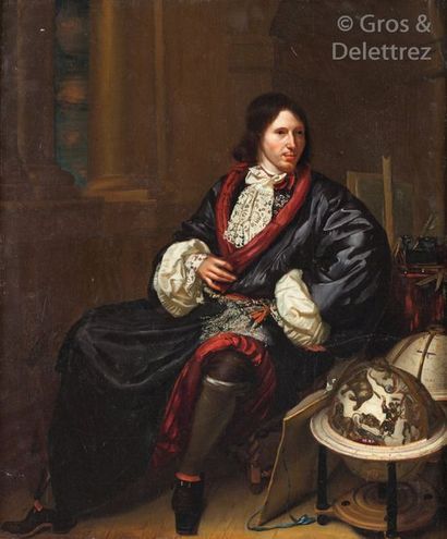 ATTRIBUE A CONSTANTIN NETSCHER (1668 - 1723) Portrait d’un géographe. Panneau de...