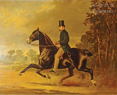Alfred Frank de PRADES (c. 1820 - c. 1890). Portrait de M. PITT à cheval. Huile sur...