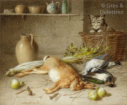 William CRUICKSHANK (1848-1922) Nature morte au chat et au gibier mort. Huile sur...