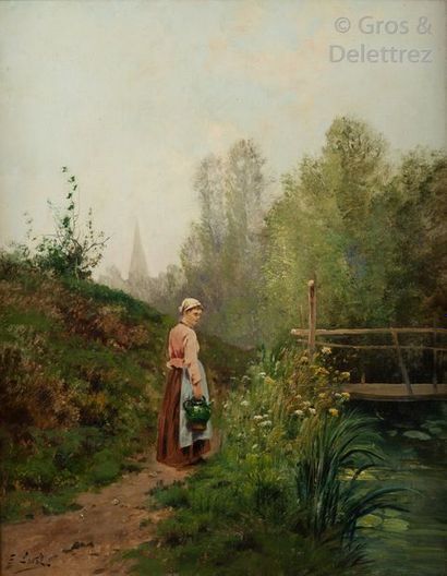 E. LAVAL «?Jeune paysanne au bord du ruisseau?».	

Huile sur toile, signée en bas...