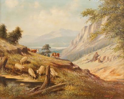 Hedda HARMS (1882 -) «?Paysage au troupeau de moutons?».	

Huile sur toile signée...