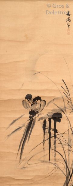null Japon, XIXe siècle Kakémono au lavis d’encre sur papier, représentant un couple...
