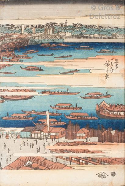 null Japon, XIXe sièle Quatre estampes oban tate-e par Hiroshige, Vues d'Edo (Encadrées...