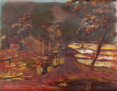 null Nguyen Gia Tri (1908-1993) Scène de village entouré d'arbres, animés de personnages...