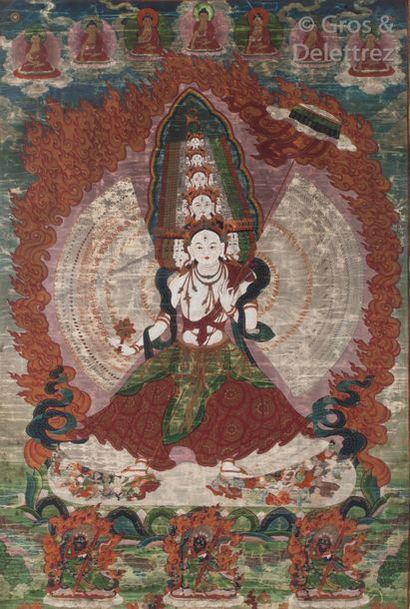 null Tibet, XVIIIe siècle Important Thangka, représentant Avalokitesvara sur un lotus...