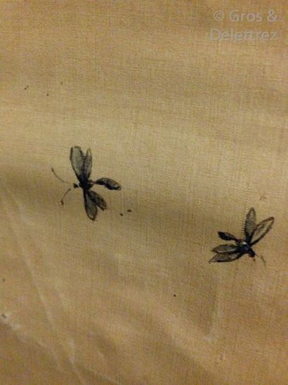null Peinture sur tissu figurant des colibris et insectes dans un paysage lacust...