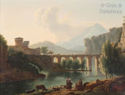 Ecole romantique du XIXème siècle Paysage à la rivière. Huile sur toile