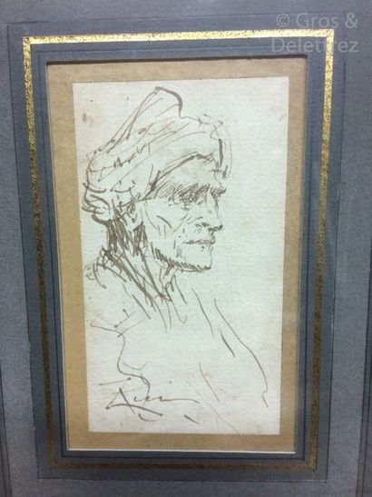 Attr. ZIEM portrait de femme au turban Encre brune 30 x 25 cm

