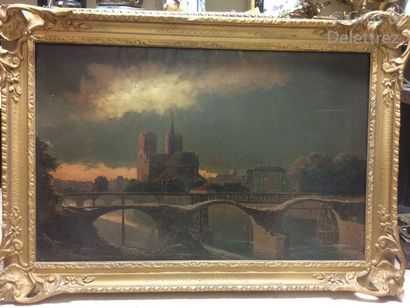 G.JACQUES Le pont devant Notre Dame Huile sur toile, signée et datée 1919. 93 x 61...