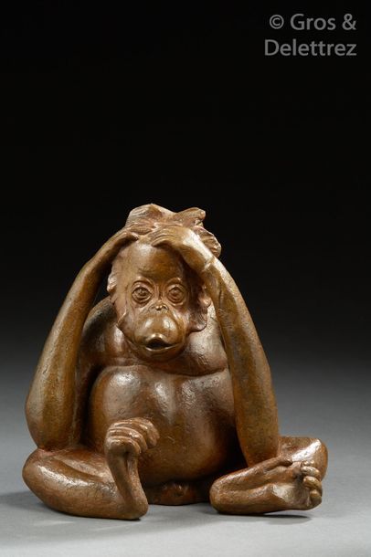Florence Jacquesson (XXe) «?Petit Orangoutang?».	

Sculpture en bronze à patine brune.	

Signée...