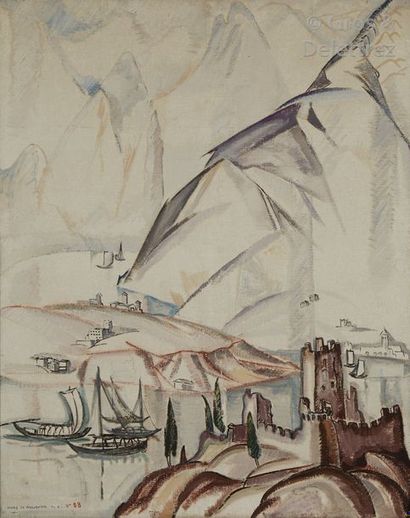 Henry de WAROQUIER (1881-1970) «?Vieux châteaux au bord du lac?».	

Huile sur toile.	

Signée...