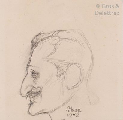 Michel MANZI Portrait d’homme à la moustache Crayon. Signé en bas au centre et daté...
