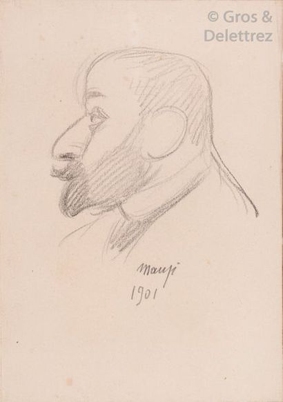 Michel MANZI Portrait d’homme de profil Crayon. Signé et daté en bas à droite 1901....