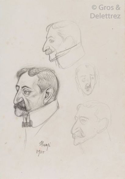 Michel MANZI Portrait d’homme à moustache noire Crayon. Signé en bas au centre et...
