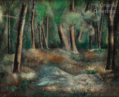 Sei KOYANAGUI (1896-1948) Jeune femme étendue dans la forêt Huile sur toile. Non...