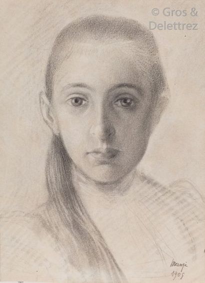 Michel MANZI Portrait de Charlotte Manzi, 1905 Crayon et estompe sur papier Signé...