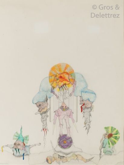JORGE CAMACHO (1934-2011) Composition, 1986 Crayon de couleurs. Signé en bas à droite...