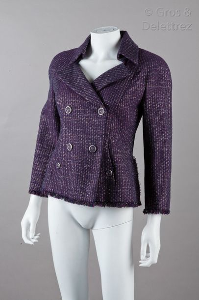 CHANEL Veste en tweed de laine à finitions effilochées prune/marine/argent à motif...