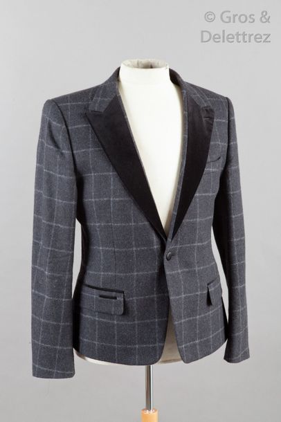 DOLCE & GABANNA Veste blazer Homme en lainage chiné gris à carreaux, col cranté partiellement...