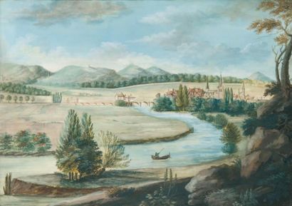 Ecole française de la fin du XVIIIe siècle Paysage fluvial avec mouillage Gouache...