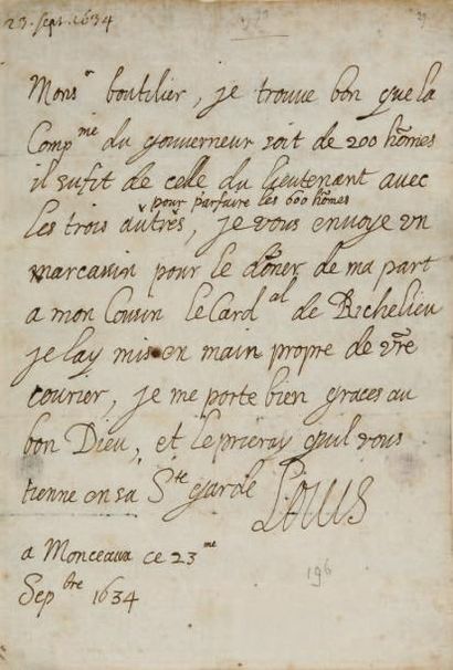 LOUIS XIII dit le Juste (1601-1643) Lettre autographe signée, adressée de Monceau,...