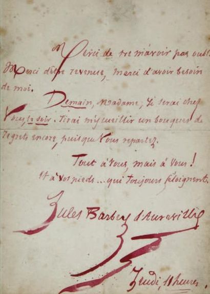 Jules BARBEY D'AUREVILLY (1808-1889) Écrivain français Lettre autographe signée adressée...