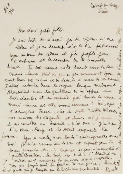 null Lettre autographe signée «Jean», adressée à Nathalie Paley, en août 1934, de...