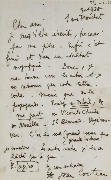 null Lettre autographe signée «Jean Cocteau», adressée en février 1930 à un ami (peut-être...