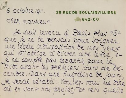null Carte autographe signée à son adresse du 29 de la rue de Boulainvilliers à Paris,...
