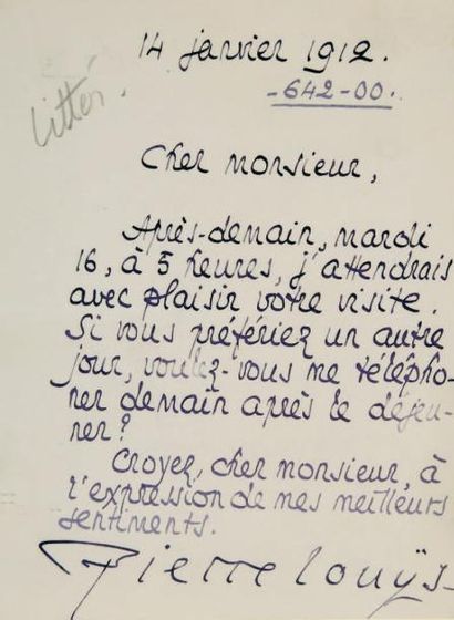null Lettre autographe signée, datée du 14 janvier 1912, donnant un rendez-vous....