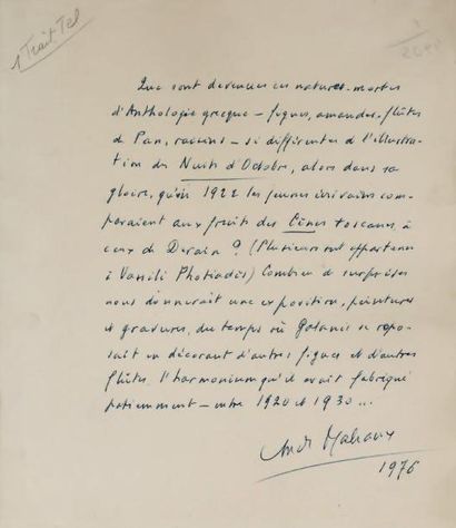 André MALRAUX (1901-1976) Ecrivain et homme politique français. Note autographe signée...