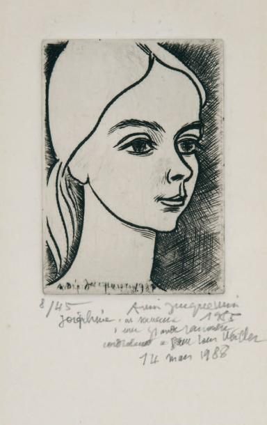 André JACQUEMIN (1904 - 1992) Peintre-graveur Portrait Pointe-sèche signée en bas...