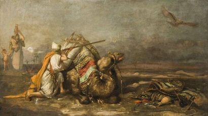 Ecole Anglaise (XIXème siècle) Arabe tirant un oiseau derrière un chameau Huile sur...