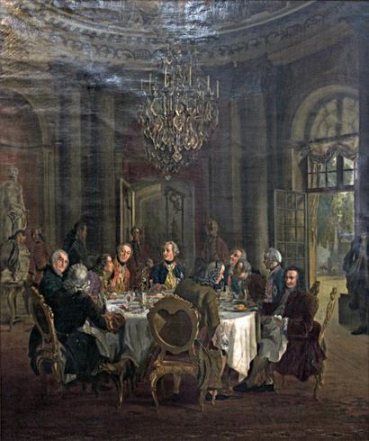 Ecole allemande Déjeuner de Frédéric II et Voltaire Huile sur toile 120 x 140 cm