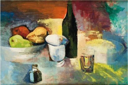 Jean DUFY (1888-1964) Nature morte aux fruits et à la bouteille Huile sur toile portant...
