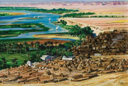 Gunther LOPER (1916-1993) Vue sur le Nil, à Beni Hassan Gouache. 70 x 100 cm