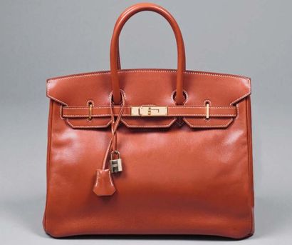 HERMES Paris Made in France Sac «Birkin» 35 cm en cuir cognac à surpiqûres blanches,...