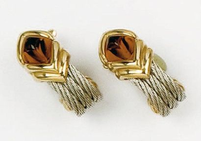 FRED Force 10 Paire de boucles d'oreilles en or jaune et câble marin en acier ornées...